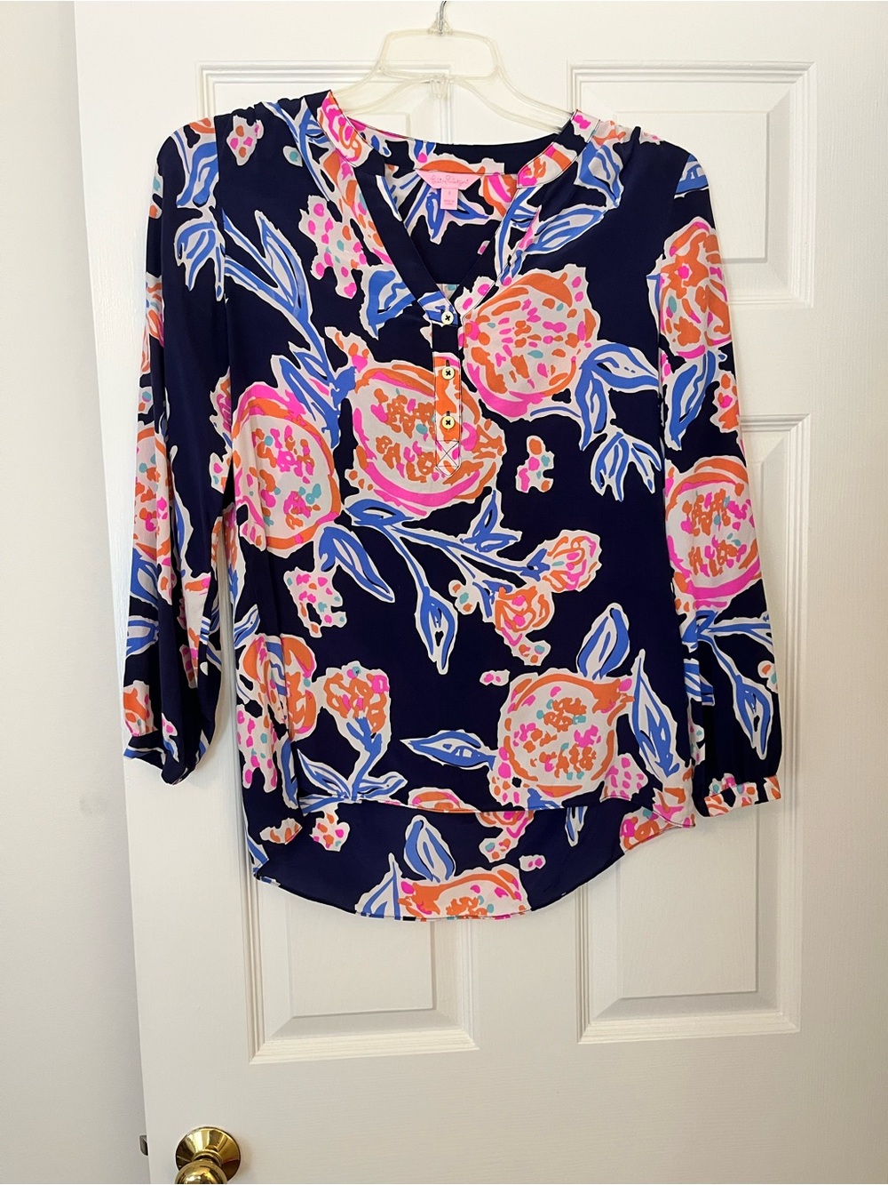 Lilly Pulitzer Navy Floral Long-Sleeve Silk Tunic Size Small